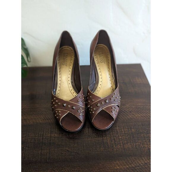 Franco Sarto Women's Brown Leather Metal Studded Peep Toe Heels - Size 10 - Picture 3 of 9